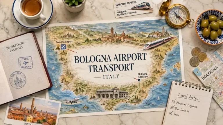Bologna Airport to City Centre 3 Overhead travel flat lay with an illustrated Bologna airport transport map, passport, espresso, transit props and euro coins.