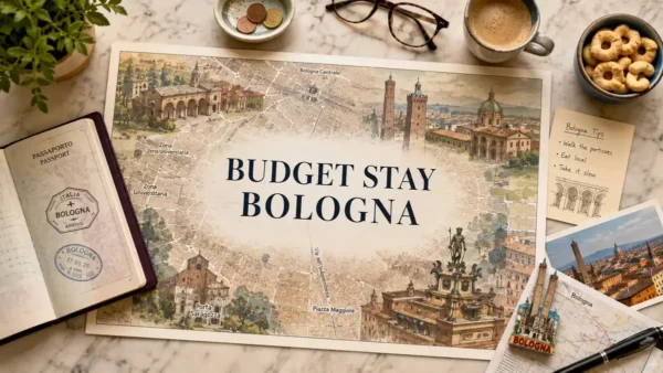 Overhead Bologna budget-stay map with a passport, espresso, coins, postcards, and travel notes.