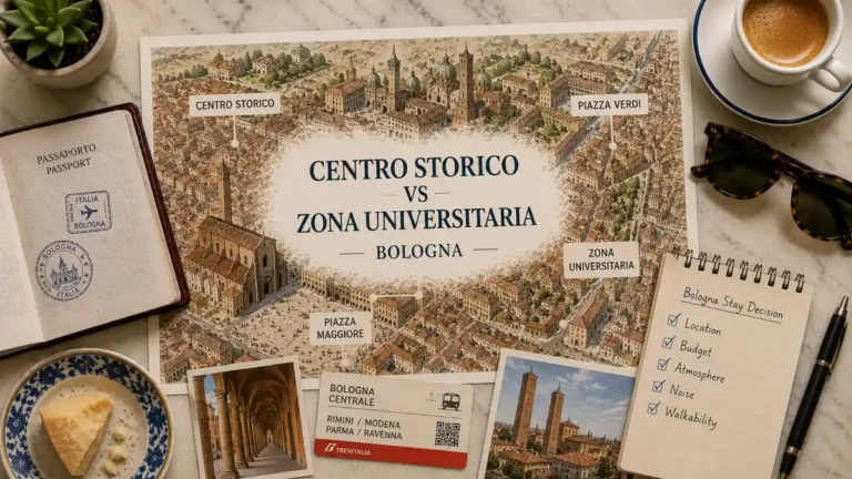 Overhead Bologna travel flat lay with an illustrated map comparing Centro Storico and Zona Universitaria, plus a passport, espresso, notebook and city postcards.