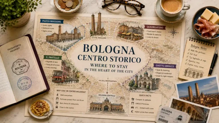 Staying in Centro Bologna: Is It the Right Base for You? 4 Overhead Bologna Centro Storico map with a passport, espresso, pasta, postcards, and neighborhood notes.