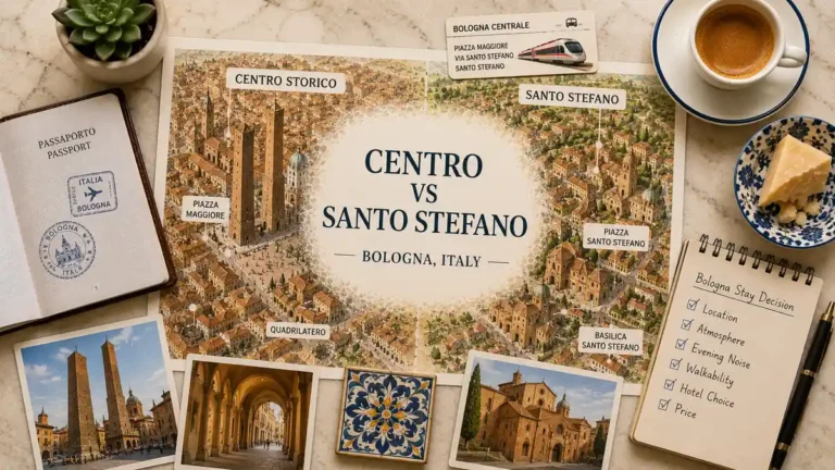 Overhead Bologna travel flat lay with an illustrated map comparing Centro Storico and Santo Stefano, plus a passport, espresso, notebook, Parmesan and city postcards.