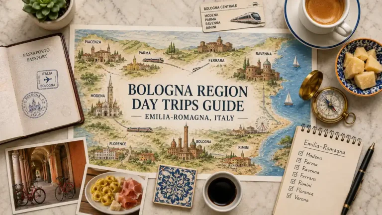 Overhead Emilia-Romagna travel flat lay with an illustrated Bologna day-trip map, passport, train ticket, espresso, Parmesan, notebook and regional postcards.