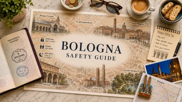 Overhead Bologna safety map with a passport, espresso, coins, postcards, and travel notes.
