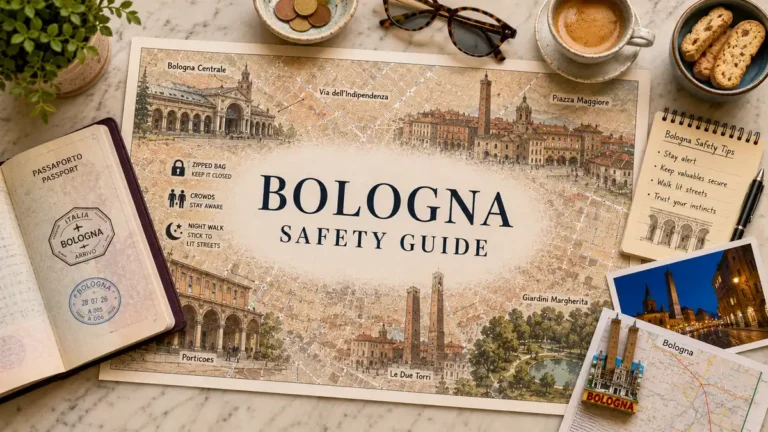 Overhead Bologna safety map with a passport, espresso, coins, postcards, and travel notes.