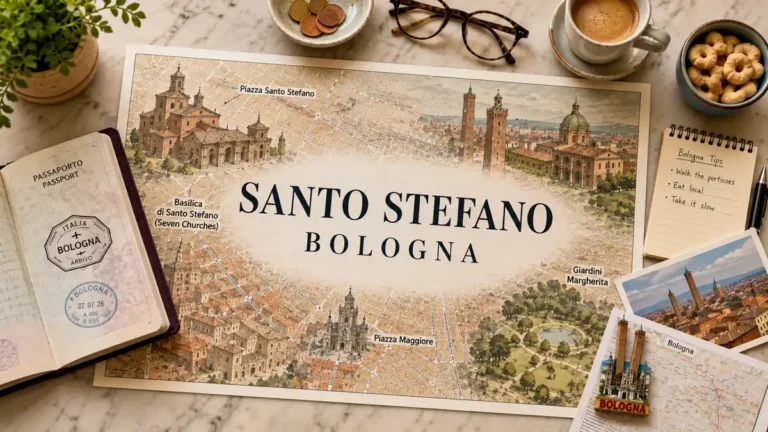 Overhead Santo Stefano map with Bologna landmarks, passport, espresso, coins, postcards, and travel notes.