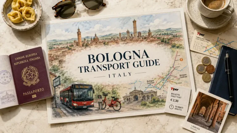 Overhead Bologna transport flat lay with an illustrated city map, bus, bicycle, passport, ticket, coffee and tortellini.