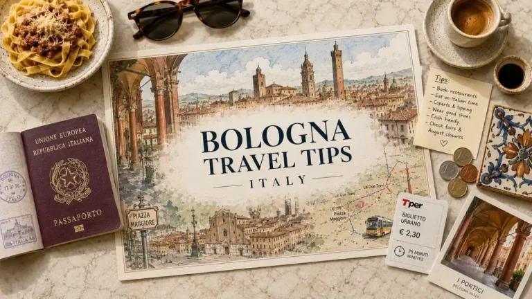 Overhead Bologna travel flat lay with a city map, tagliatelle, passport, espresso, porticoes postcard, coins and travel notes.
