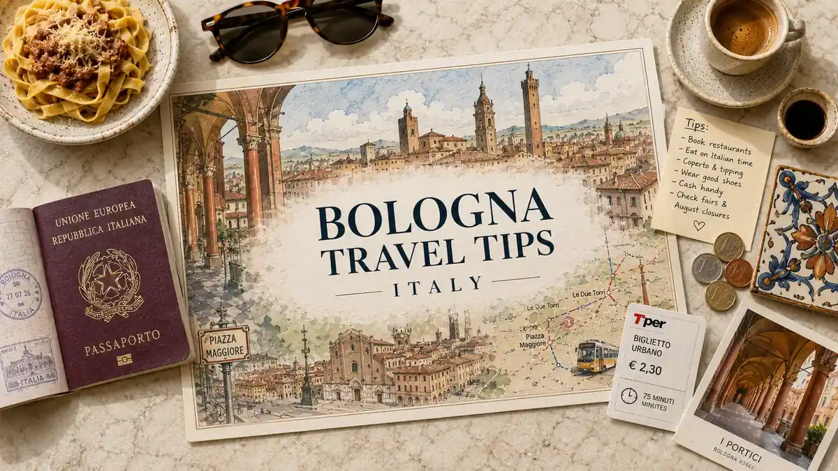 Bologna Travel Tips: What to Know Before You Go 2 Overhead Bologna travel flat lay with a city map, tagliatelle, passport, espresso, porticoes postcard, coins and travel notes.