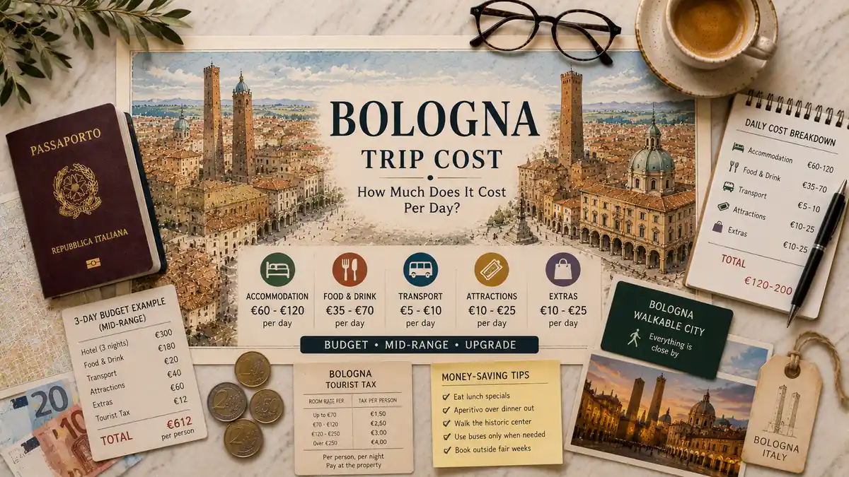 Overhead Bologna trip-cost flat lay with an illustrated city map, Italian passport, daily budget breakdown, euro notes and coins, coffee, tourist-tax card, and city postcard.
