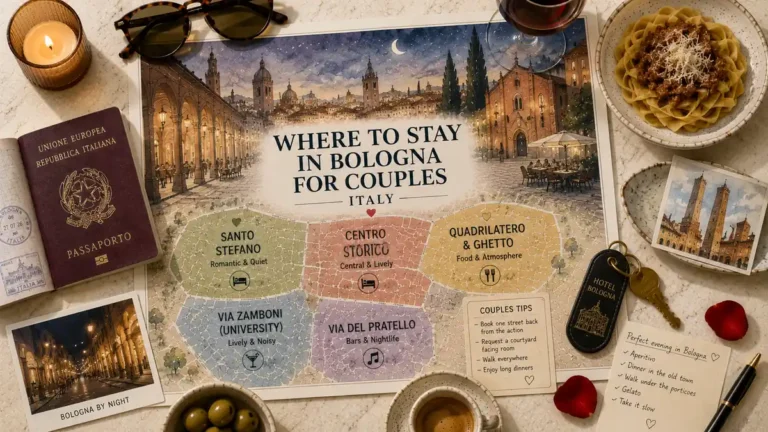 Overhead Bologna couples-stay flat lay with an illustrated neighborhood map, passport, hotel key, wine, pasta, espresso and evening postcards.
