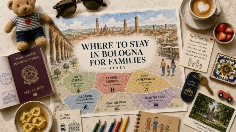 Overhead Bologna family-stay flat lay with an illustrated neighborhood map, passport, teddy bear, hotel key, coffee, pasta and park postcard.