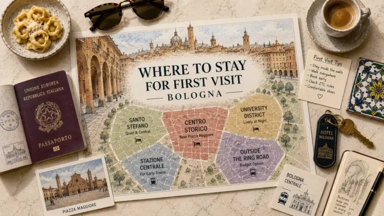Overhead Bologna first-visit stay flat lay with an illustrated area map, passport, hotel key, espresso and station card.
