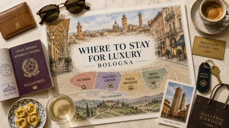 Overhead Bologna luxury-stay flat lay with an illustrated area map, passport, hotel key, espresso, tortellini and shopping props.