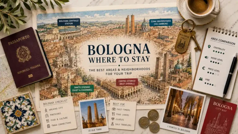 Overhead Bologna stay-planning flat lay with an illustrated city map, Italian passport, area comparison notes, room keys, coffee, city cards, ceramic tile, coins, and postcards.