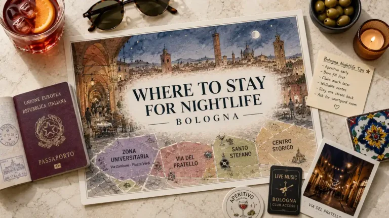 Overhead Bologna nightlife flat lay with an illustrated area map, passport, aperitivo, olives, sunglasses and Via del Pratello postcard.