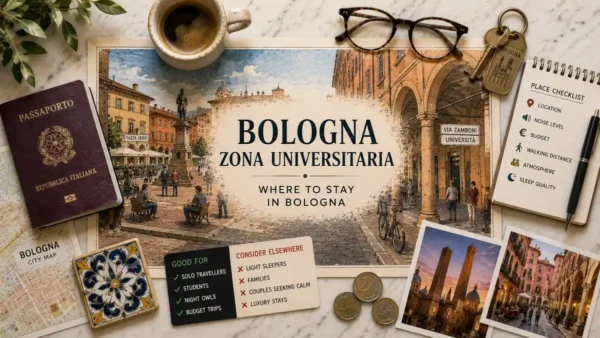 Overhead Bologna Zona Universitaria flat lay with an illustrated Piazza Verdi scene, Italian passport, coffee, room keys, checklist, city map, tile, coins, and postcards.