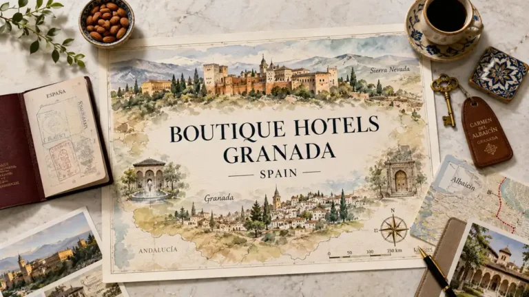 Overhead travel flat lay with an illustrated Granada map, the Alhambra, a passport, hotel key, ceramic tile, coffee, and postcards.