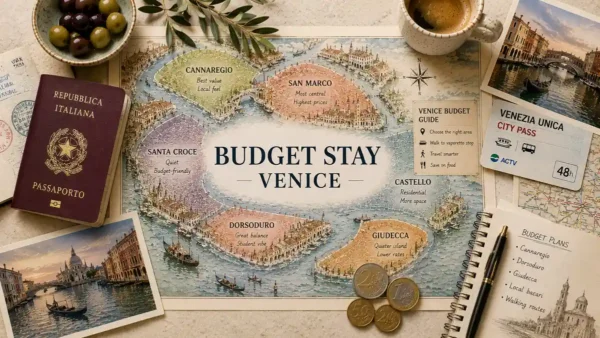Where to Stay in Venice on a Budget: Best Value Areas 12 Overhead flat lay with an illustrated Venice budget map, passport, transit card, espresso, olives, coins, postcard, and travel notebook.