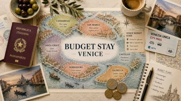 Overhead flat lay with an illustrated Venice budget map, passport, transit card, espresso, olives, coins, postcard, and travel notebook.
