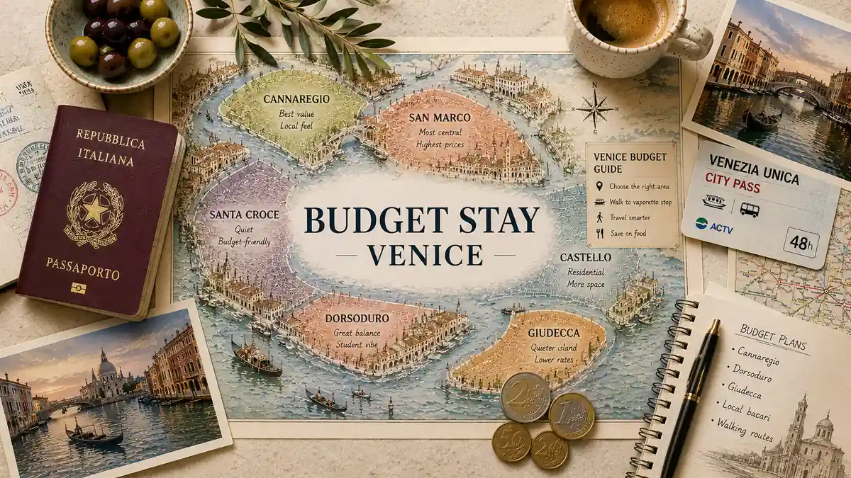 Overhead flat lay with an illustrated Venice budget map, passport, transit card, espresso, olives, coins, postcard, and travel notebook.