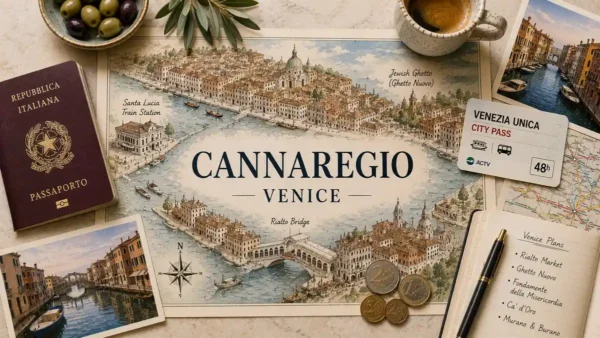 Cannaregio, Venice: The Quiet, Local Base Explained 15 Overhead flat lay with an illustrated Cannaregio map, passport, vaporetto card, espresso, olives, coins, and Venice travel notes.