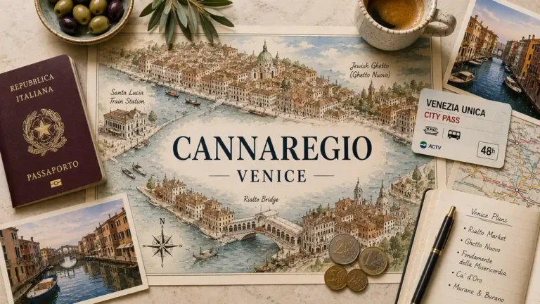 Overhead flat lay with an illustrated Cannaregio map, passport, vaporetto card, espresso, olives, coins, and Venice travel notes.