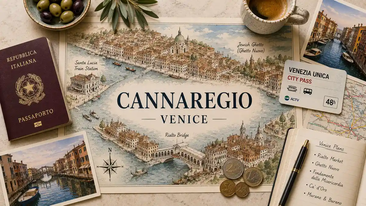 Overhead flat lay with an illustrated Cannaregio map, passport, vaporetto card, espresso, olives, coins, and Venice travel notes.