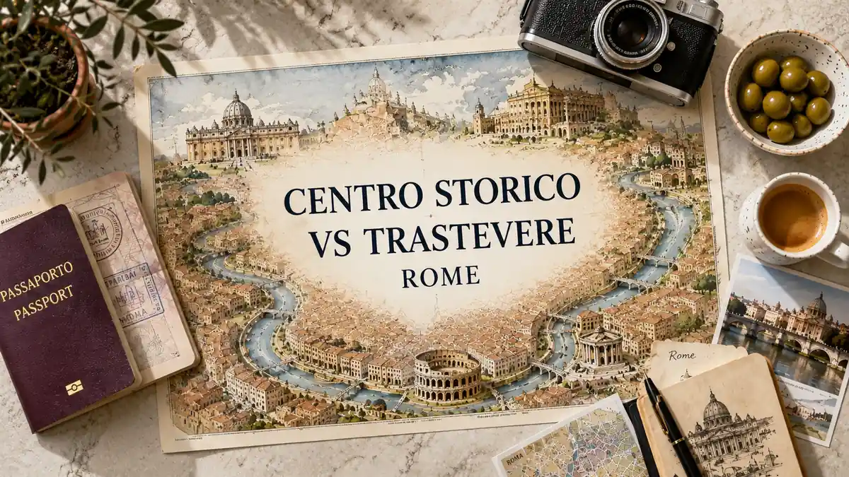 Top-down Rome travel flat lay with an illustrated Centro Storico and Trastevere comparison map.