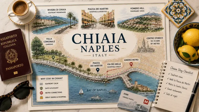 Overhead Chiaia travel flat lay with an illustrated Naples seafront map, passport, espresso, sunglasses, lemons, transit card, and notebook.
