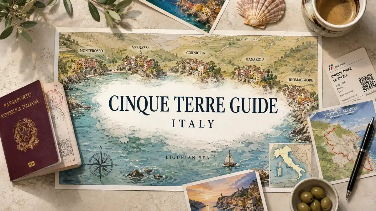 Cinque Terre Travel Guide 2 Flat lay travel map of Cinque Terre in Italy with passport, train ticket, hiking card, coffee, and olives.