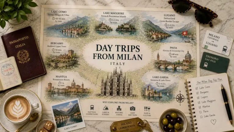 Flat-lay map of day trips from Milan with Lake Como, Bergamo, Lugano, Lake Maggiore, Pavia, Mantua, and Lake Garda, plus passport and travel-planning props.