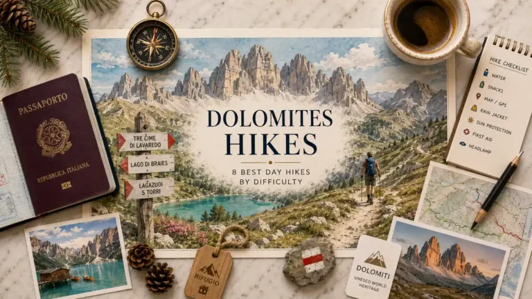 Overhead Dolomites hiking flat lay with an illustrated mountain map, Italian passport, compass, trail checklist, route map, alpine postcards, coffee, and a hiker.