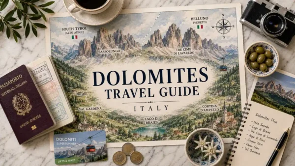 The Dolomites, Italy: How to Plan a First Trip 20 Overhead illustrated Dolomites map with a passport, cable-car card, camera, coffee, olives, alpine flowers, coins, postcard, and trip-planning notebook.