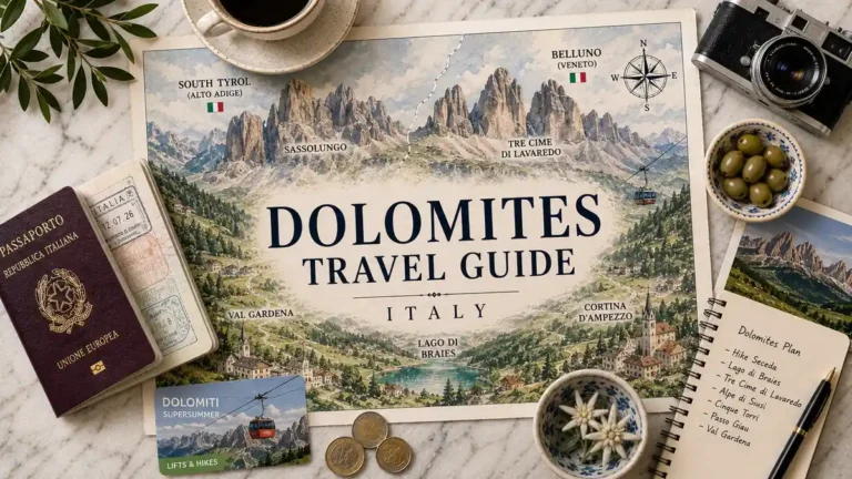 Overhead illustrated Dolomites map with a passport, cable-car card, camera, coffee, olives, alpine flowers, coins, postcard, and trip-planning notebook.