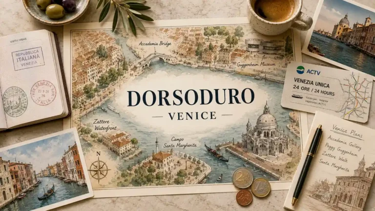 Overhead flat lay with an illustrated Dorsoduro map, Venice passport, vaporetto card, espresso, olives, coins, and travel notes.