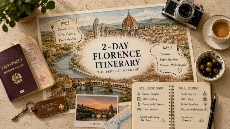 Top-down Florence travel flat lay with an illustrated two-day itinerary map, passport, espresso, olives, camera, and route-planning notebook.