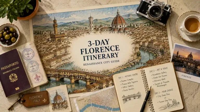 Top-down Florence travel flat lay with an illustrated city map, passport, espresso, route notebook, camera, and three-day itinerary details.