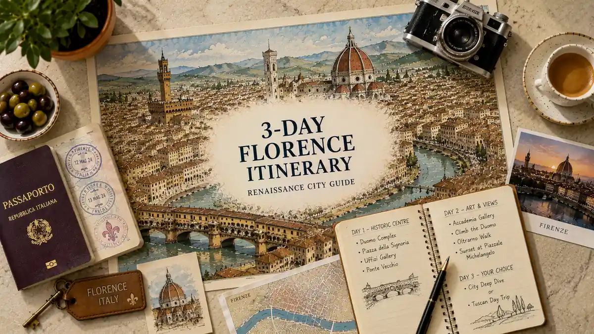 Florence 3-Day Itinerary: A Day-by-Day Plan 2 Top-down Florence travel flat lay with an illustrated city map, passport, espresso, route notebook, camera, and three-day itinerary details.