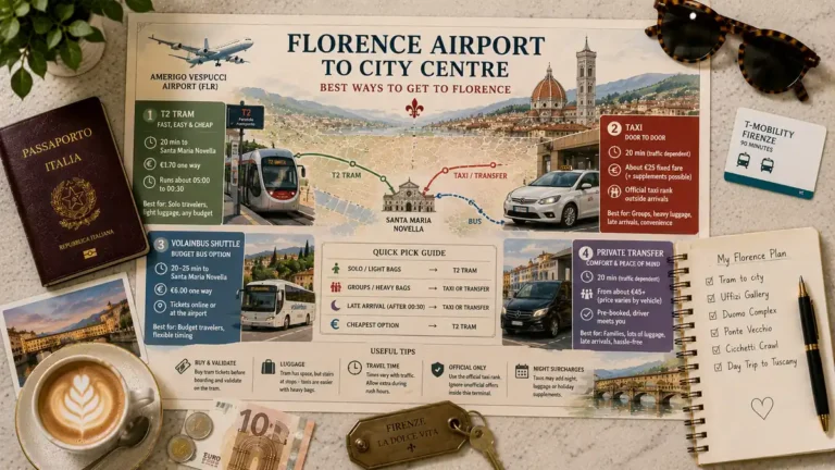 Flat-lay Florence airport transport guide with tram, taxi, transfer options, passport, coffee, euro notes, city map, and planning notebook.