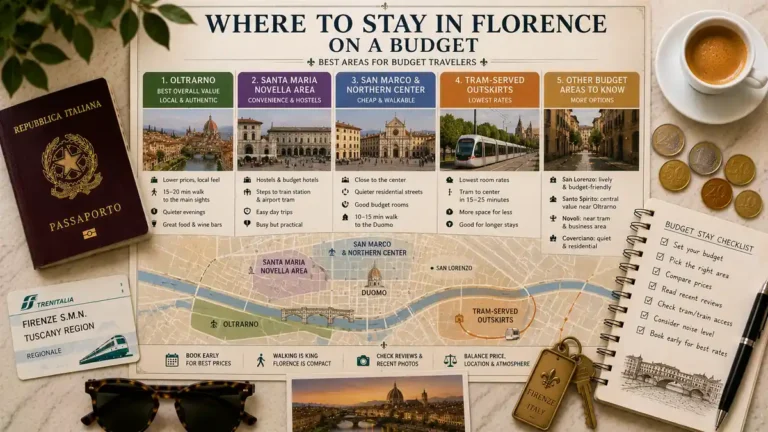 Overhead Florence budget stay guide comparing Oltrarno, Santa Maria Novella, San Marco, tram-served outskirts, and other value areas.