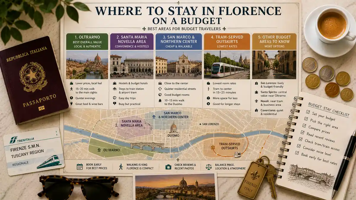 Where to Stay in Florence for Budget 2 Overhead Florence budget stay guide comparing Oltrarno, Santa Maria Novella, San Marco, tram-served outskirts, and other value areas.