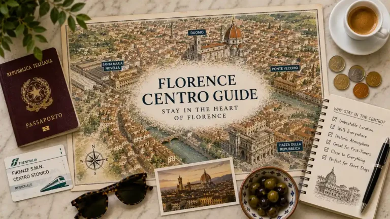 Overhead Florence Centro Storico flat lay with an illustrated city map, passport, train card, sunglasses, espresso, coins, olives, postcard, and stay checklist.