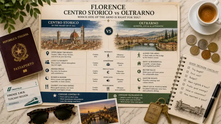 Overhead Florence comparison flat lay with Centro Storico and Oltrarno side by side, plus a passport, train card, espresso, coins, sunglasses, key, and checklist.