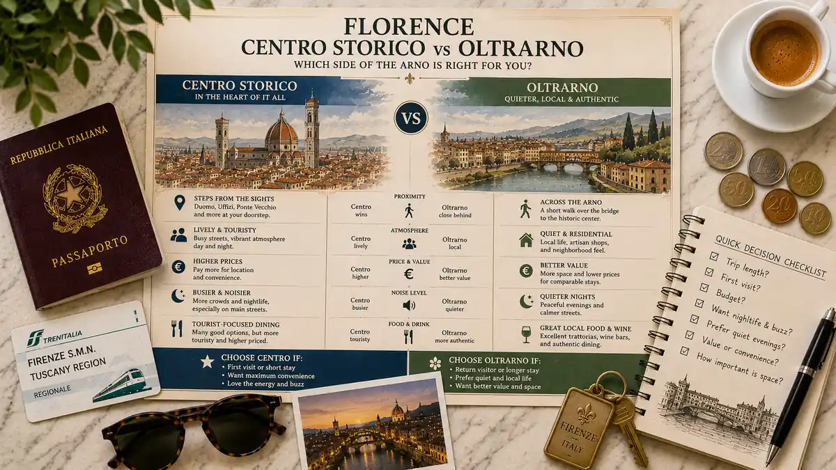 Centro vs Oltrarno: Where to Stay in Florence 2 Overhead Florence comparison flat lay with Centro Storico and Oltrarno side by side, plus a passport, train card, espresso, coins, sunglasses, key, and checklist.