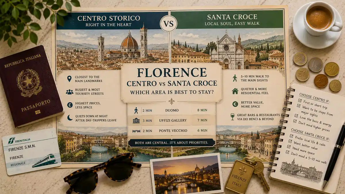 Centro vs Santa Croce: Where to Stay in Florence 2 Overhead Florence comparison flat lay with a split map of Centro Storico and Santa Croce, passport, train card, sunglasses, espresso, coins, key, and checklist.
