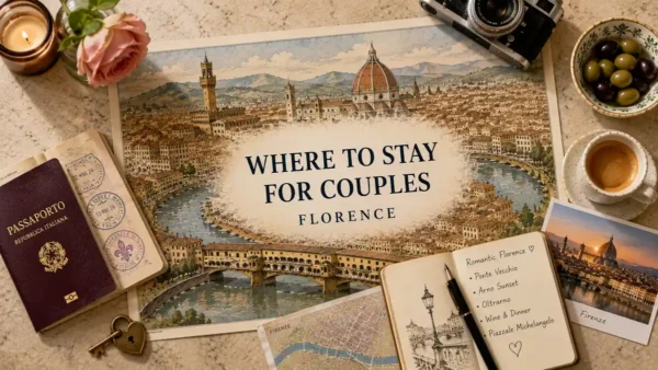 Where to Stay in Florence as a Couple: The Romantic Areas 12 Top-down romantic Florence travel flat lay with an illustrated city map, passport, rose, espresso, heart-shaped key, and couples planning notebook.