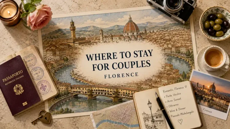 Top-down romantic Florence travel flat lay with an illustrated city map, passport, rose, espresso, heart-shaped key, and couples planning notebook.