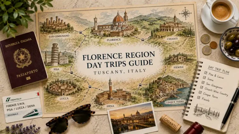 Overhead Florence day-trip flat lay with an illustrated Tuscany map, passport, train card, sunglasses, espresso, coins, olives, and a route planner.