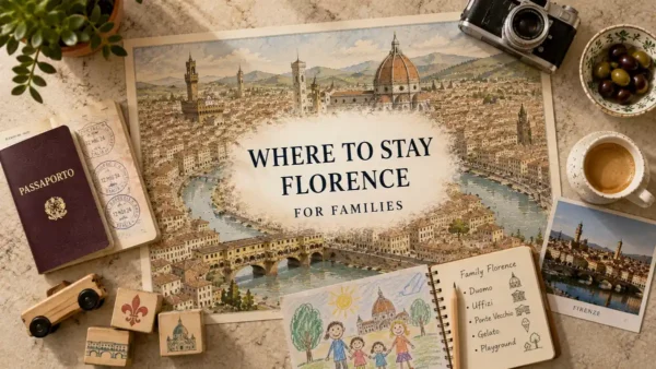 Where to Stay in Florence with Kids: The Best Areas 11 Top-down Florence family travel flat lay with an illustrated city map, passport, wooden toys, coffee, olives, and a family planning notebook.