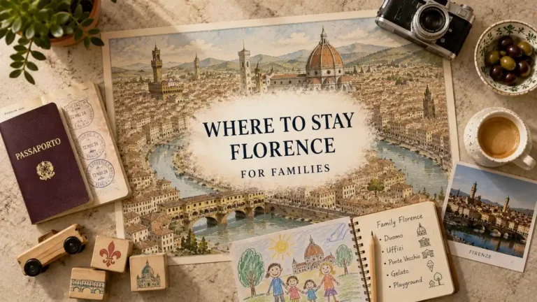 Top-down Florence family travel flat lay with an illustrated city map, passport, wooden toys, coffee, olives, and a family planning notebook.